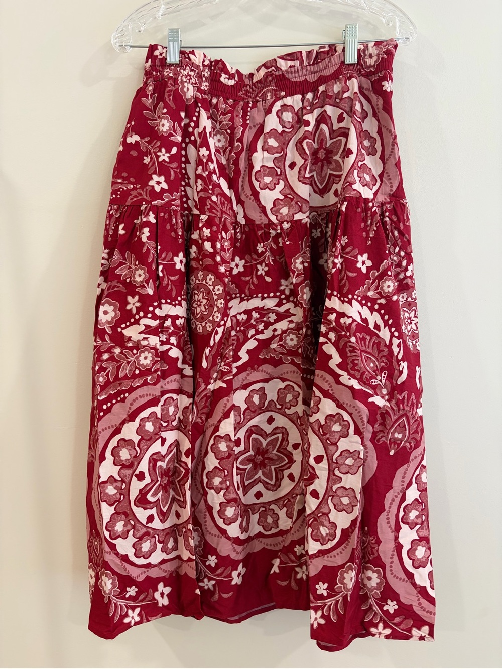 Bohemian Red Floral Midi Skirt with Elastic Waist